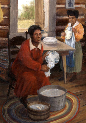illustration of a woman and a girl doing dishes in a log cabin