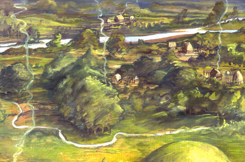 Artist Ed Martin's depiction of a dispersed Caddo settlement in what is today southeastern Arkansas