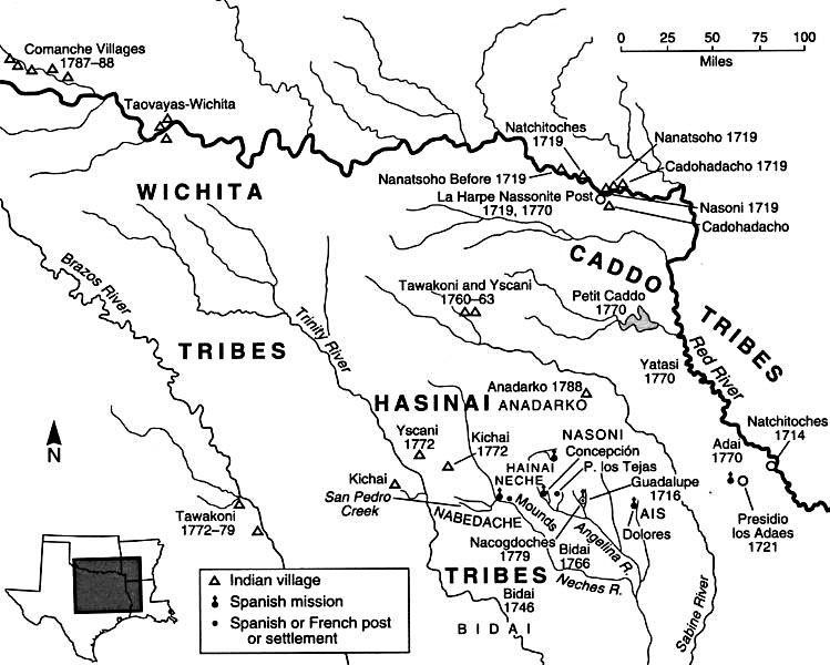 map of the locations of Caddo (Cadohadacho), Hasinai, and Caddo-related Indian neighbors in the eighteenth century