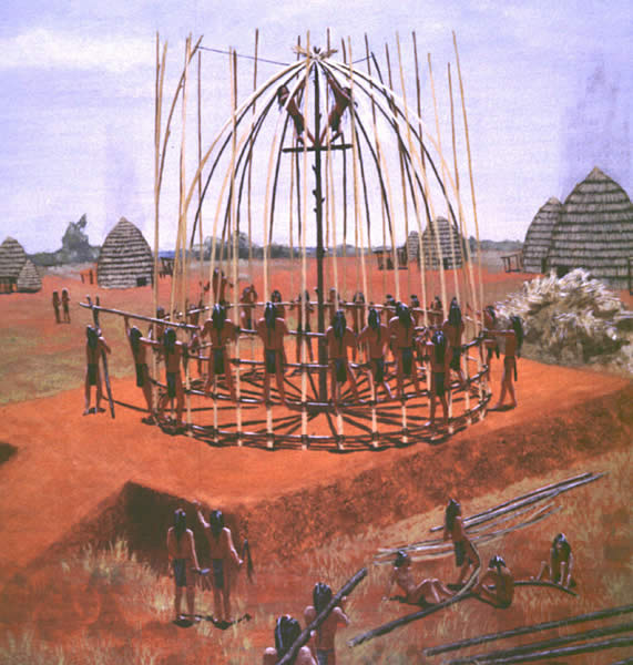 painting of Caddo Indians building a house