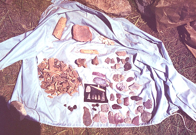 Typical artifacts from the excavations. The flaked tools are all Alibates material.