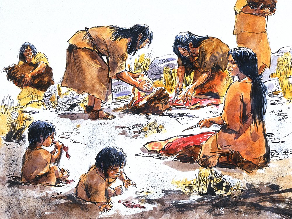 Women work outside Bonfire Shelter cutting meat into strips for drying, a process that must have taken many days after a successful jump kill. Drawing by Charles Shaw.
