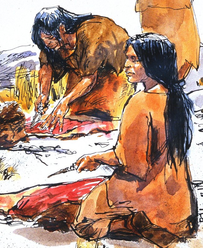 Closeup of women working outside Bonfire Shelter to preserve the mountain of meat created by a buffalo jump. Drawing by Charles Shaw.