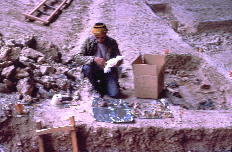 Crewmember Roy Little wraps up plotted bones from Bone Bed 2 in aluminum foil. Photo by Mott Davis, December, 1963 (original poorly focused.