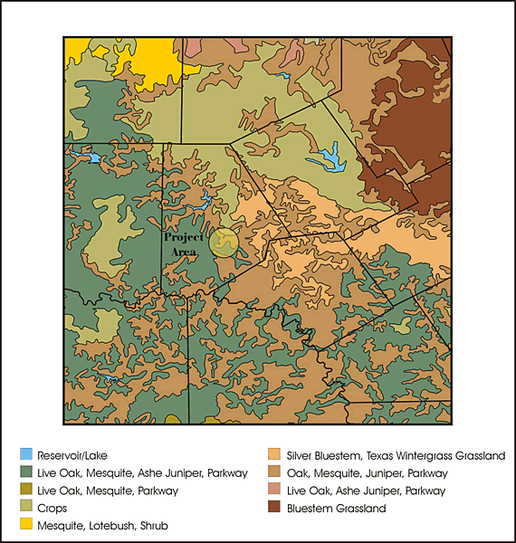 map showing the vegetation zones of the Camp Bowie area