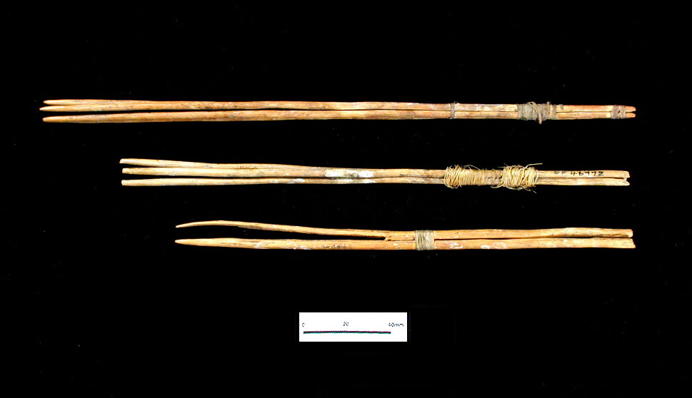 Small pointed twigs, wrapped with cording, were thought by some investigators to be hair ornaments. One such twig bundle, however, was found attached to a spear (now housed in the Smithsonian Institution) and perhaps was intended for symbolic purpose.