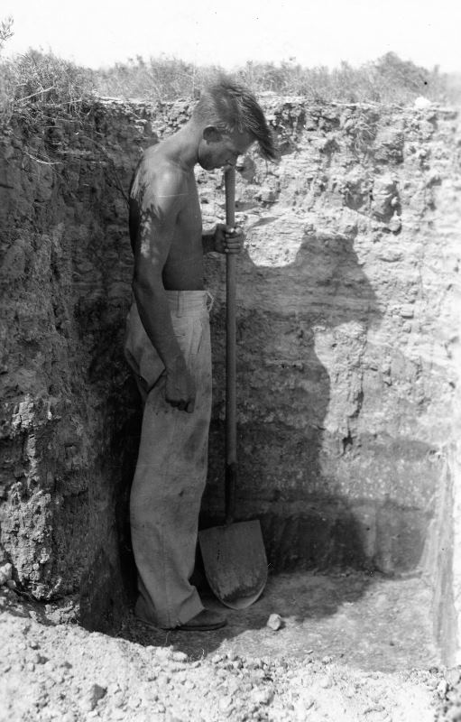 photo of a young man standing next to one of the shell middens excavated during the 1933 University of Texas field school run by A. T. Jackson