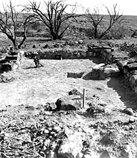 Foundations of house located on Porcion 55, following excavations. Juan Antonio Leal, who was awarded the porcion in 1767, built at least four one-room houses close to the Rio Grande. Photo from TARL archives.