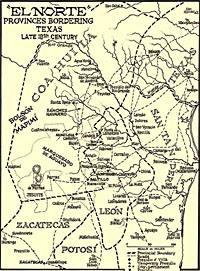 El Norte Provinces, showing location of Santander and Texas in the late eighteenth century. Adapted from map by Jack Jackson, original in State Land Office map collection. 
