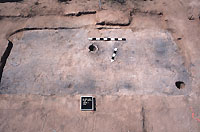 Room 20, excavated by Norma Hoffnichter's TAS crew, is a shallow pithouse that had burned. An obsidian cruciform, shell beads, a projectile point and a corn cob with kernels still on it were all that was found on the floor of this room.