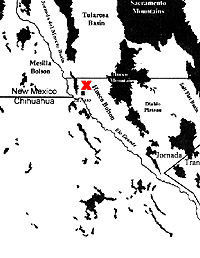 Major geographical features in the area. The red X marks the location of Firecracker Pueblo.