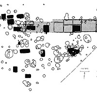Plan map of Firecracker pueblo showing pueblo rooms (shaded in gray) and pithouse rooms (black).