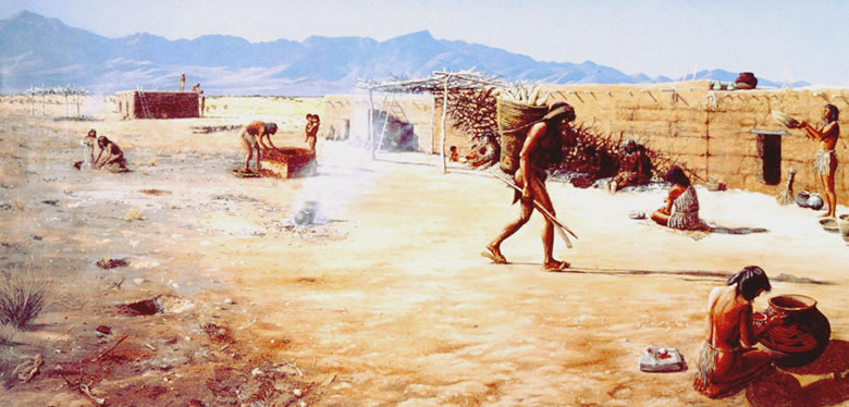 This now familiar scene shows a variety of the food remains documented at Firecracker Pueblo. The man carries a large basket of corn on a tumpline. The women to the right are grinding seed and winnowing them. Against the building are two cultivated gourds used to hold water. Courtesy artist George Nelson and the Institute of Texan Cultures.