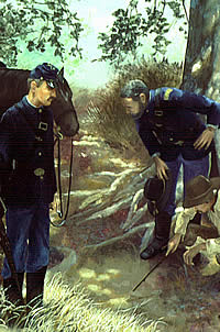 Painting of soldiers searching for tracks of Indian ponies