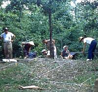 Beginning the excavations at the Gilbert site, 1962. From left to right: King Harris, Louise Caskey, Charlie Smith, Bill Caskey, Charlie Bollich, Isabelle Lobdell, Jo Ann Parsons, and an unidentified person. 