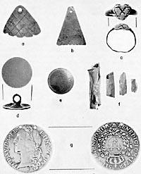 Metal ornaments. a-b, pendants; c, finger ring; d-e, buttons; f, sheet brass cylinders; g, French ecu, a silver coin minted in 1749.