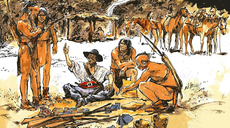 A trading session between a French trader and his Caddo partners and Kichai Indians at the Gilbert site, ca. A.D.1750, as envisioned by artist Charles Shaw. All of the items depicted are based on archeological finds.