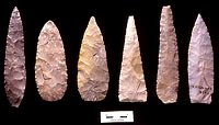 Large, thin bifaces or "knives," although several may be performs intended to be further shaped and notched to create a dart point.