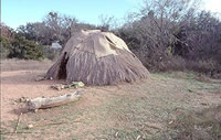 Reconstructed hut at the Nightengale Archeological Center, with exterior covering of thatch and hides in place.