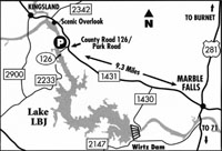 Location of Nightengale Archeological Center in Kingsland, Texas.