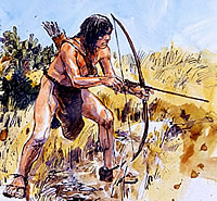 Artist's depiction of an early hunter using weaponry introduced during the Austin phase in central Texas-the bow and arrow. Painting by Charles Shaw. 