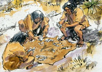 Artist's rendering of the lithic workshop area - a wide scatter of stone tool-making debris-at the Graham-Applegate rancheria. Drawing by Charlie Shaw.