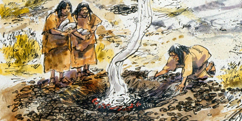 Artist's depiction ofa camp scene with women adding rocks to an earth oven