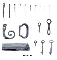 Building materials, furniture parts, and keys found at the Haas house. Square cedar pegs, such as that shown at bottom left, were used to join the log walls at the corner of the house. A variety of nails, including square cut and round-head wire types were found along with a few earlier hand-wrought specimens. The skeleton keys likely were for trunks. Photo by Elizabeth Andrews.