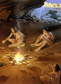 Artist depiction of an evening scene at Hinds Cave
