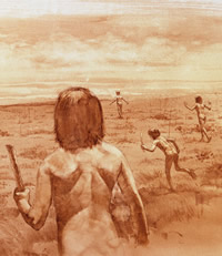 Artist depiction of a hunting scene on the grassy flat