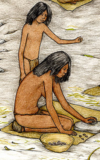 Drawing of Early Archaic people preparing food