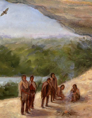 inset of campfire from painting by Frank Wier