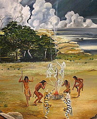 painting of sacred clowns dancing in ceremony around a campfire at Hueco Tanks