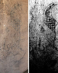 photos of a pictograph symbol at Hueco Tanks shown before (left) and after (right) digital enhancement by Robert Mark