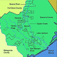 Map of Brazoria County, showing early plantations