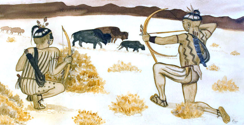 Artist Feather Radha’s depiction of Jumano Indians hunting bison. The Jumano were known as successful bison hunters whose original homelands included areas of the southern Plains and northwestern Edwards Plateau that were frequented by bison herds. This 1994 painting can be seen in Restaurante Lobby's OK in Ojinaga, Mexico. Courtesy Elsa Socorro Arroyo.