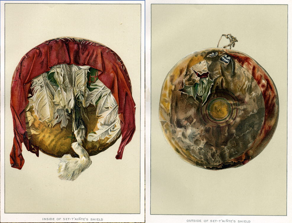War shield of Satanta,or Set-T'ainte, a Kiowa head chief in the 1870s-1890s, who raided into northwest Texas. His shield, made of painted buffalo hide and feathers, is shown from the inside (left) and the exterior (right).