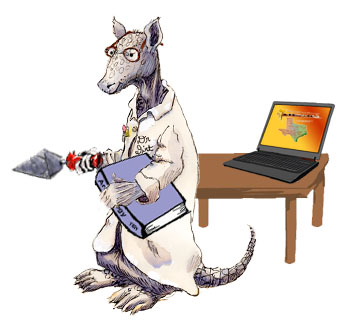 Illustration of an armadillo wearing a lab coat and holding a book and a trowel with a laptop on a desk behind it