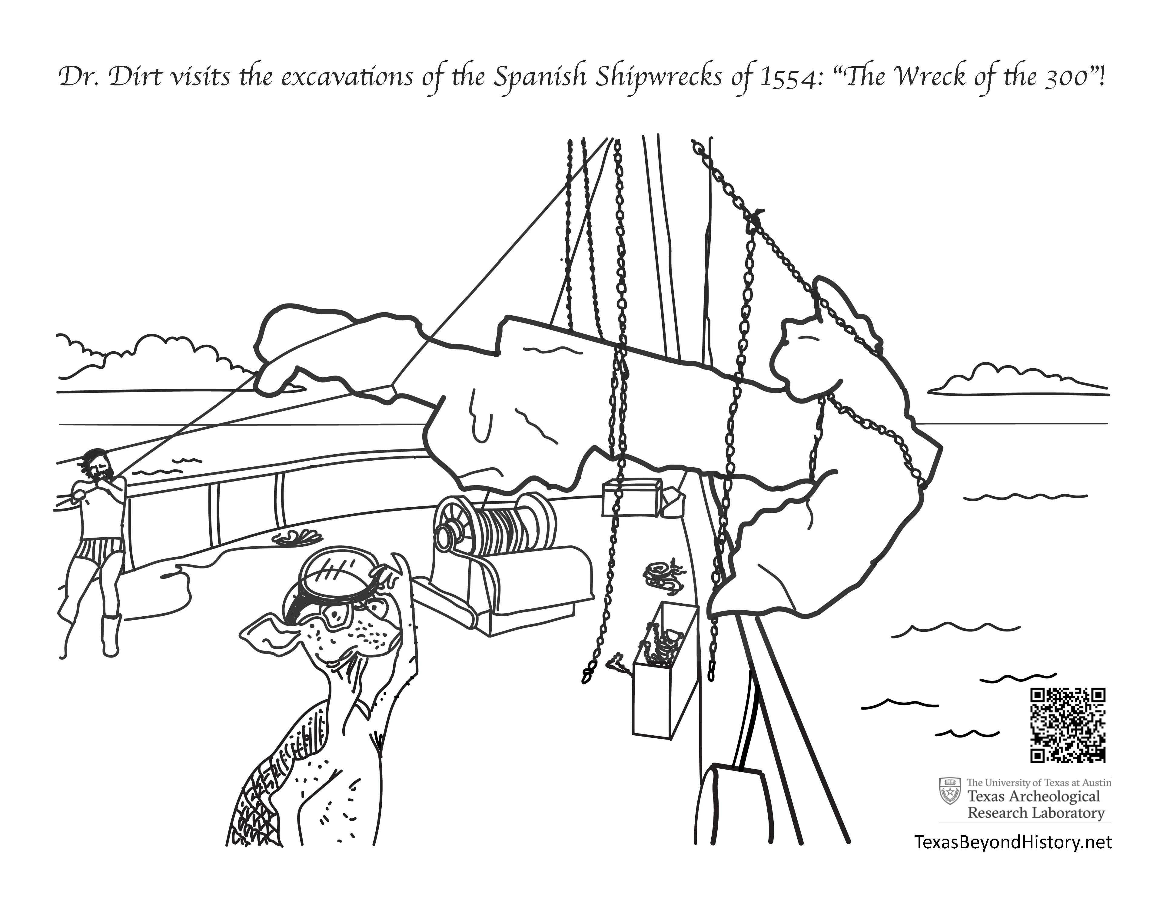 black and white line drawing of an armadillo wearing a scuba mask on the deck of a ship with a huge anchor being hoisted onto the ship by a man in a speedo and a machine