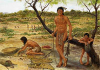 Painting with three American Indians in the forgrouond, an adult and a child leaning on a mesquite tree holding a bow and a net bag, and another adult making a basket on the ground. A group of other people are in the background.