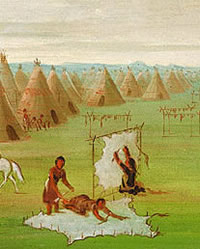 Illustration of a Plains Indian group removing the flesh from a hide with many teepees in the background