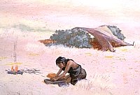 Illustration of woman kneeling on the ground grinding material on a metate. A small campfire burns on her left and a small shelter or wikiup is behind her.