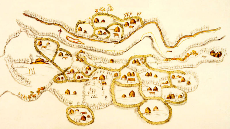 illustrated historic map of a settlement on a river