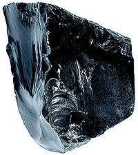 A chunk of glassy black rock on a white background.