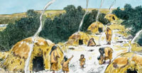 Illustration of a group of huts between low trees on yellow hills, with smoke coming from a small hole in the roof. People are dotted between the huts.