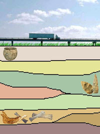 Digital illustration color-coded layers of the earth in cross section. Above ground is a blue sky and a bridge with an 18-wheeler driving across it.