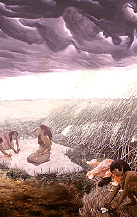 Summer Storm. This scene from a larger mural depicts activities along the marshy edge of Lubbock Lake just before a summer storm hits. A woman looks up from scraping a buffalo hide. A boy places bison teeth side-by-side in a small pile. Behind him are the butchered bones of an Ice-Age bison.  Painting by Nola Davis, image provided courtesy of Texas Parks and Wildlife Department. The orginal mural is on display at the Lubbock Lake Landmark Interpretive Center, now owned by Texas Tech University; the use of this image is authorized by the Museum of Texas Tech University.