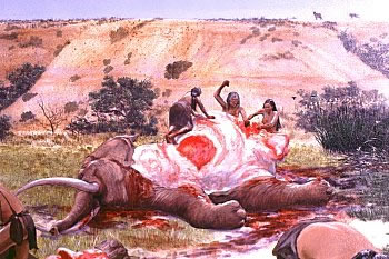 Butchering a Mammoth, 2. A older man and two women butcher an Ice-Age elephant. Experimental work suggests that an efficient work group could have carved the beast into manageable pieces in just one day. Many more days work would have been required to dry the meat and prepare the hide. Painting by Nola Davis, image provided courtesy of Texas Parks and Wildlife Department. The orginal mural is on display at the Lubbock Lake Landmark Interpretive Center, now owned by Texas Tech University; the use of this image is authorized by the Museum of Texas Tech University.