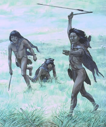 Wolves in Disguise, 2. Archaic hunters hurling darts using atlatls (spear-throwers). The hunters wear wolf skin disguises so they could creep close enough to their prey for a kill.  Painting by Nola Davis, image provided courtesy of Texas Parks and Wildlife Department. The orginal mural is on display at the Lubbock Lake Landmark Interpretive Center, now owned by Texas Tech University; the use of this image is authorized by the Museum of Texas Tech University. 