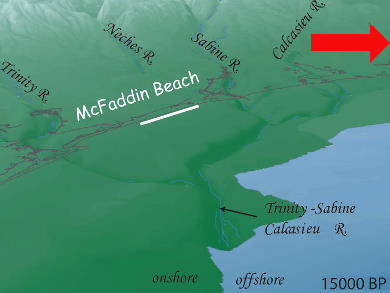 illustration of the approaching Gulf shoreline in relation to McFaddin Beach, at 15,000 B.P.